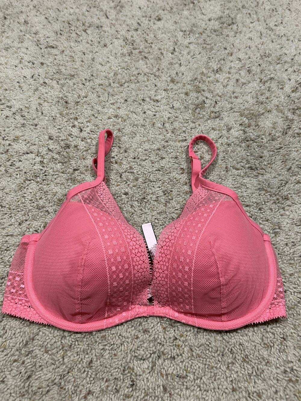 Victoria Secret 34D Bra Incredible Plunge Underwire Lace/Mesh overlay CORAL F26
